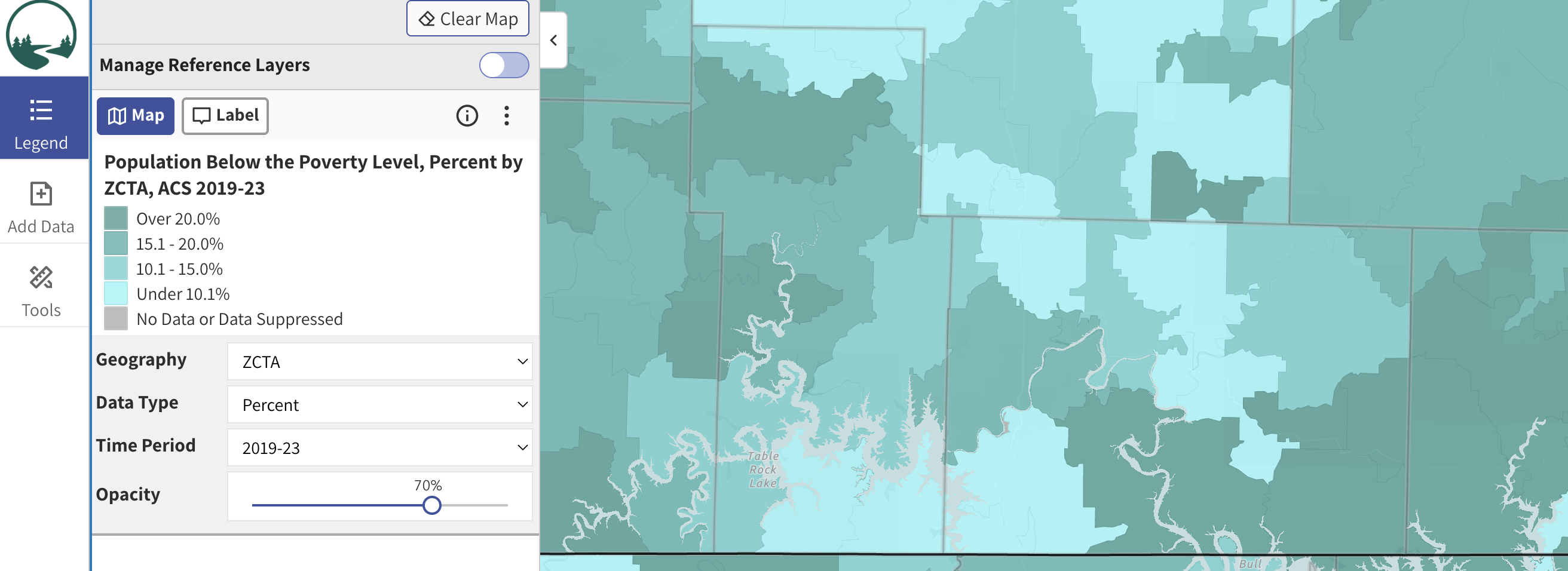 Map showing poverty levels across Stone and Taney counties